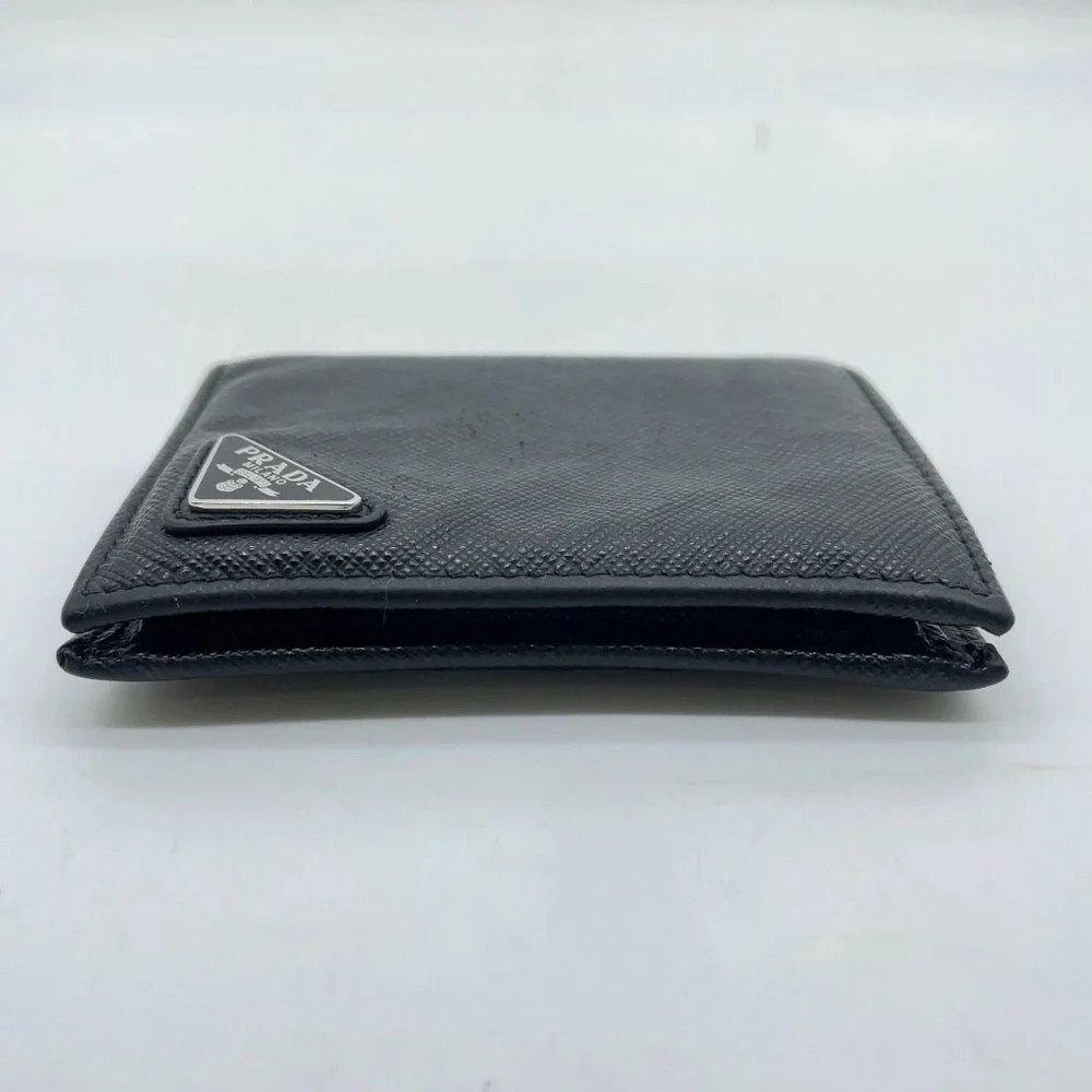 Prada Triangle Logo Saffiano Leather Black Bifold Wallet W/Box Authentic